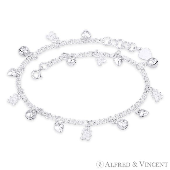 Bear, Heart, Ringing Balls, & Figaro Chain Charm Anklet in .925 Sterling Silver - Picture 1 of 1